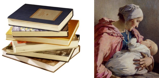 Pile of books and painting of a mother and infant